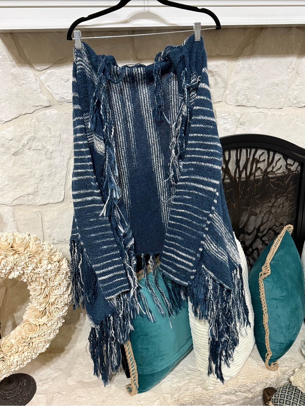 Sloane Rouge Blue & Cream Striped Knit Poncho